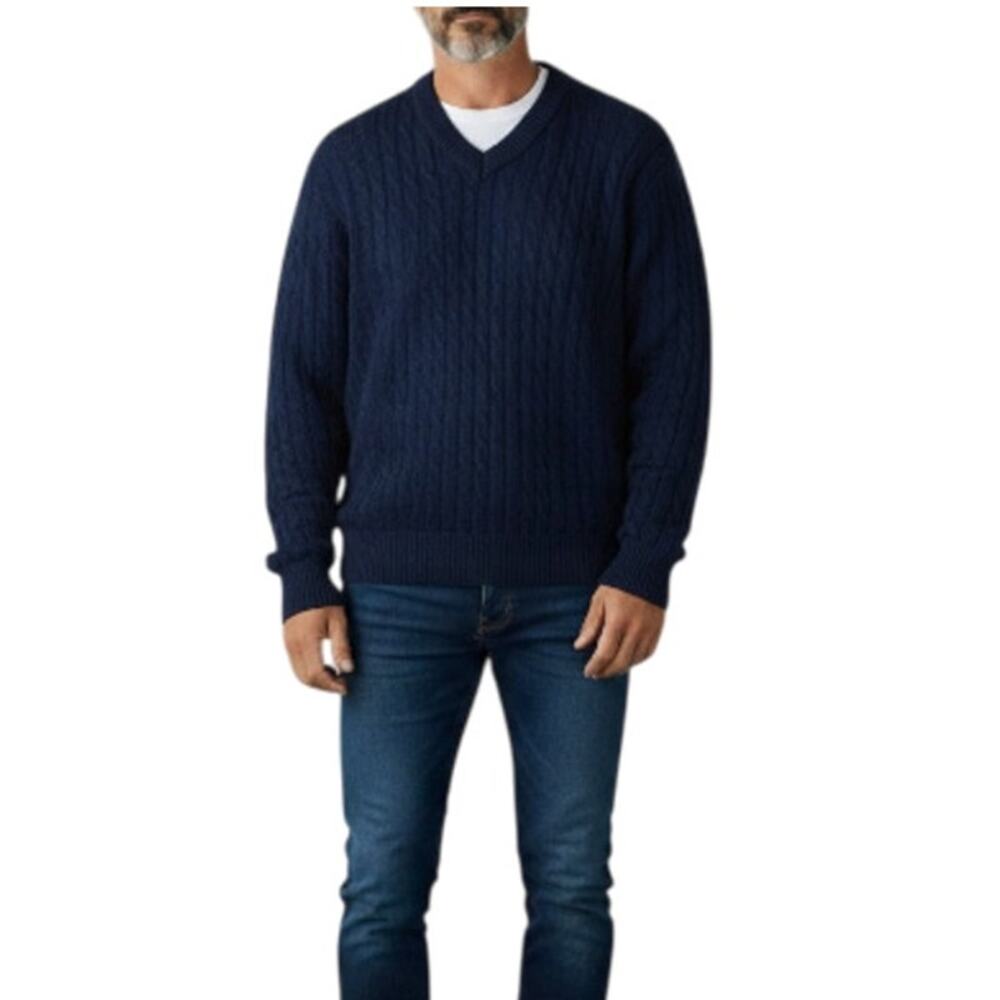 NEYIR Silk Blend V Neck Cable Knit Fisherman Sweater L Blue Work Academia Office